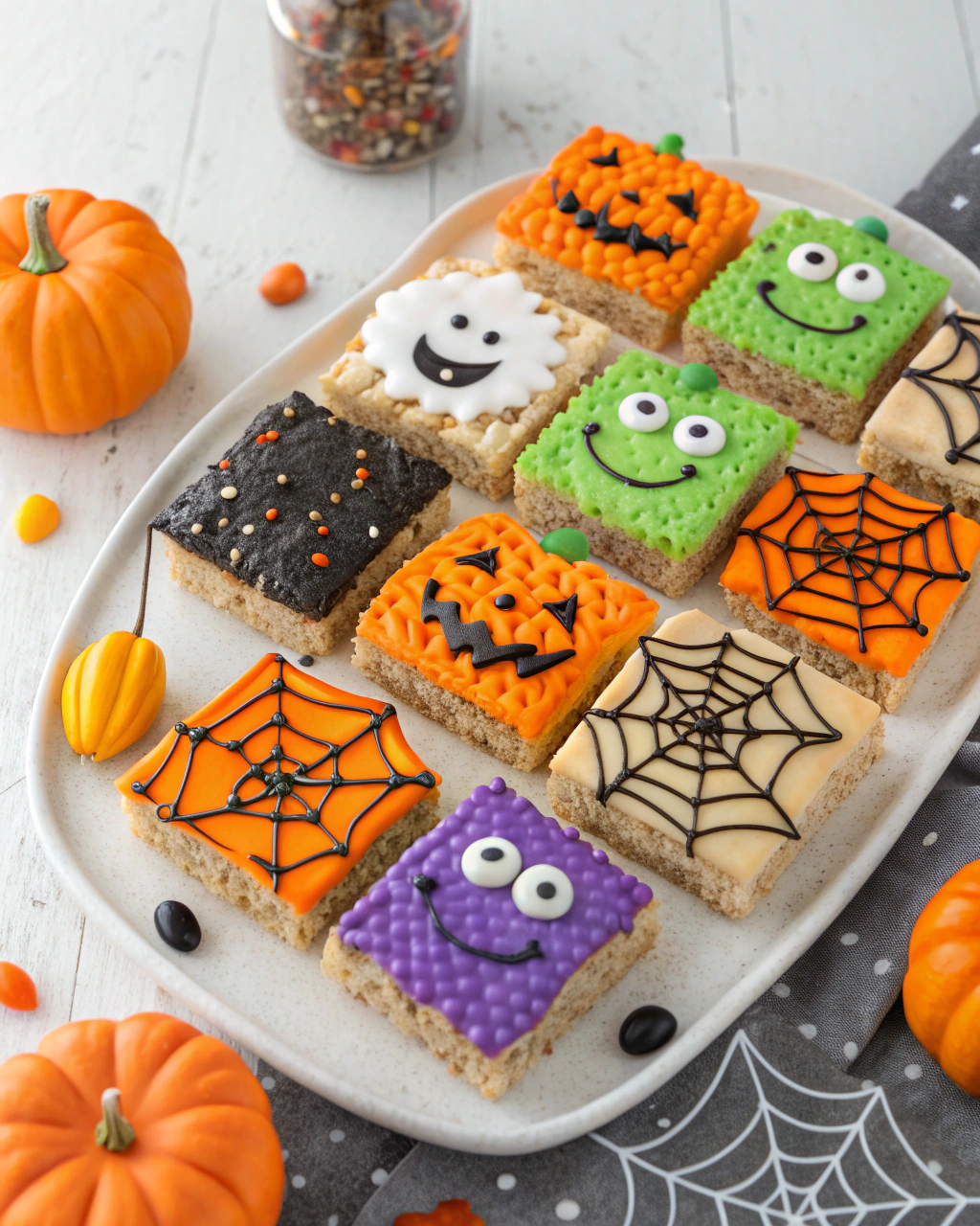 Colorful Halloween rice krispie treats decorated as pumpkins, ghosts, and spiders on festive plates.