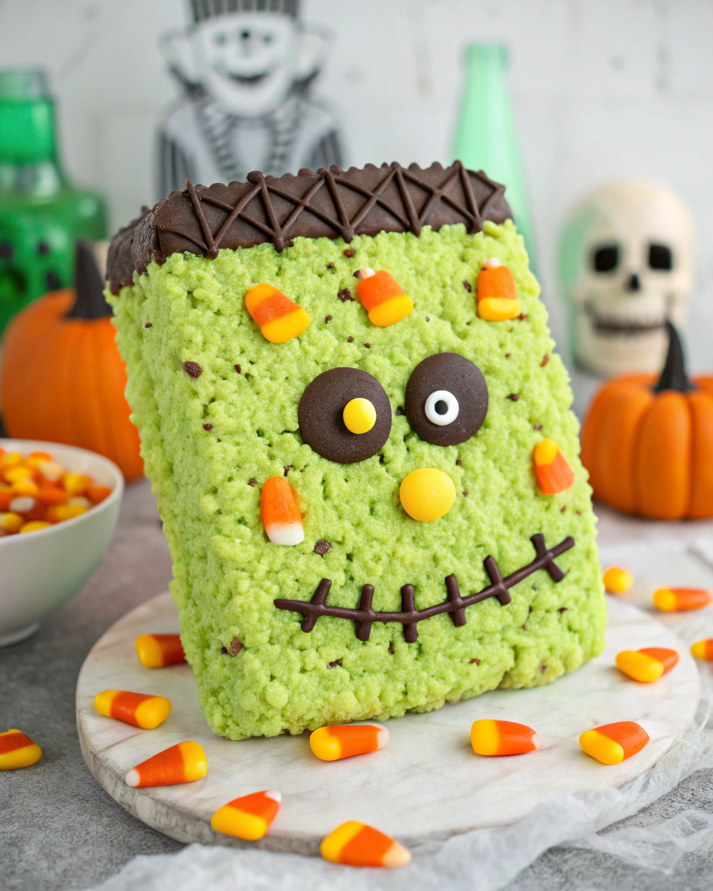 Giant Frankenstein Rice Krispie treat decorated with candy corn and chocolate details, displayed on a marble board.