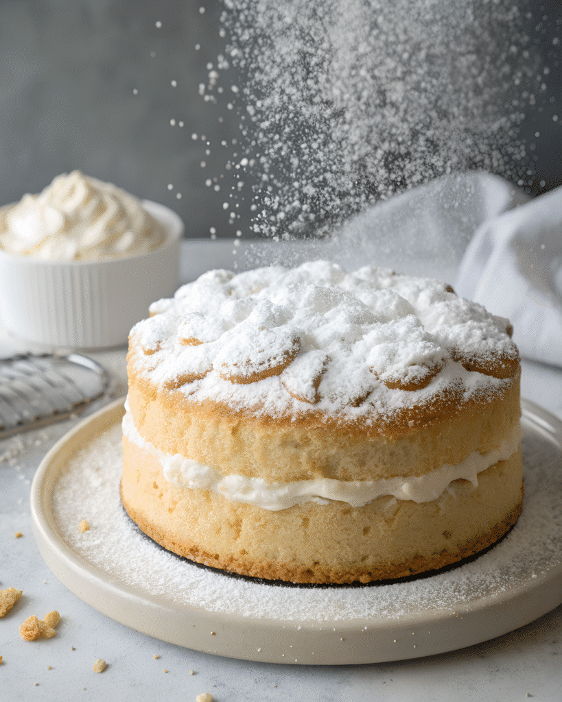 Light and fluffy cloud cake with powdered sugar