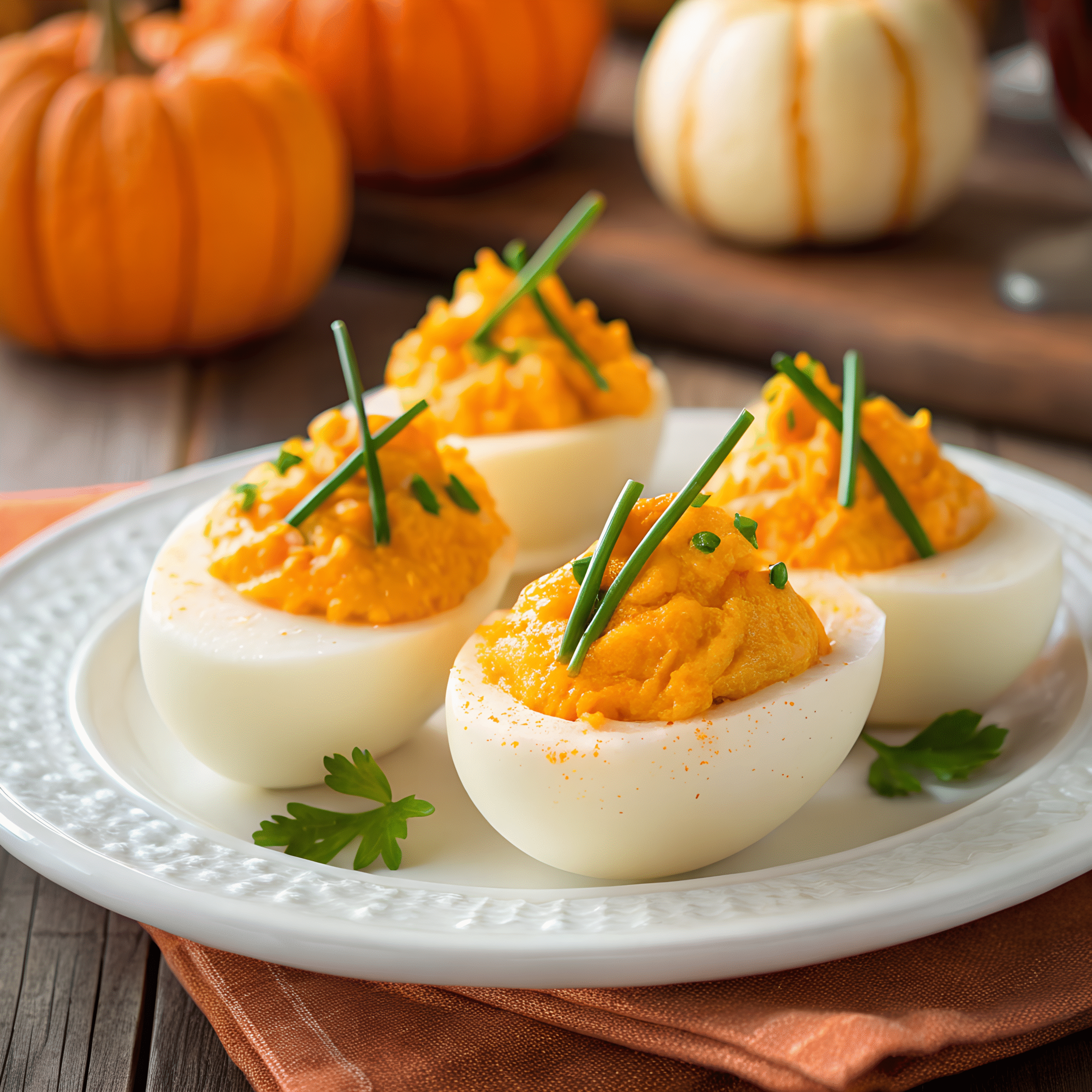 Deviled eggs filled with orange pumpkin-shaped yolk mixture, garnished with chives, on a white plate with pumpkins in the background.