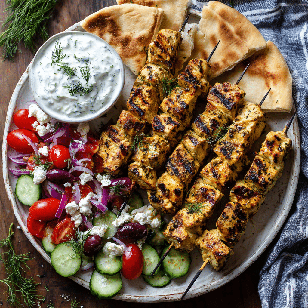 Chicken Souvlaki Skewers with Greek Salad
