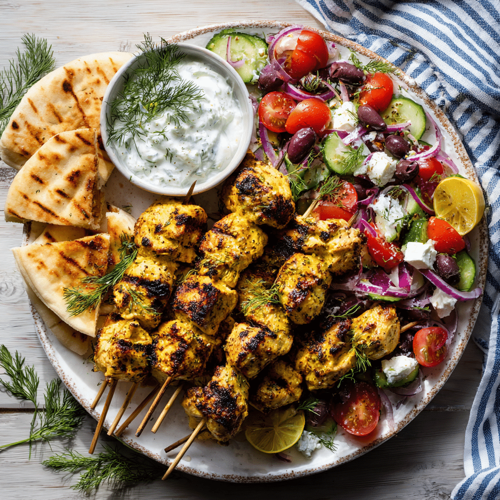 Chicken Souvlaki Skewers with Greek Salad