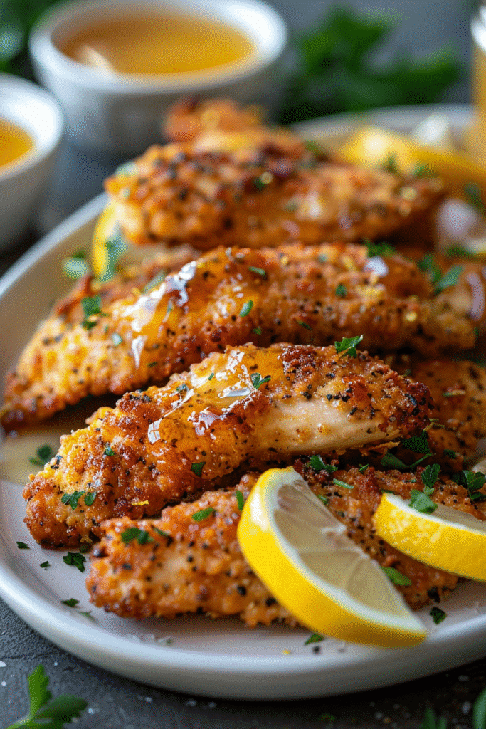 Crispy Lemon Pepper Chicken Tenders with Honey Butter Sauce