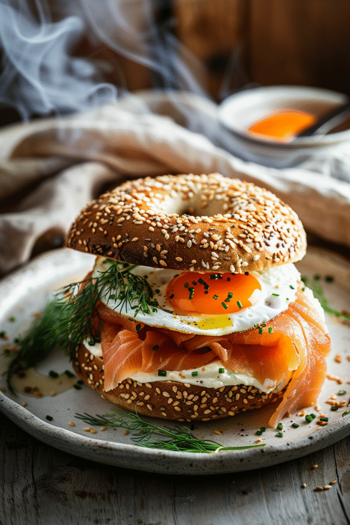 Bagel Sandwich with Smoked Salmon and Egg