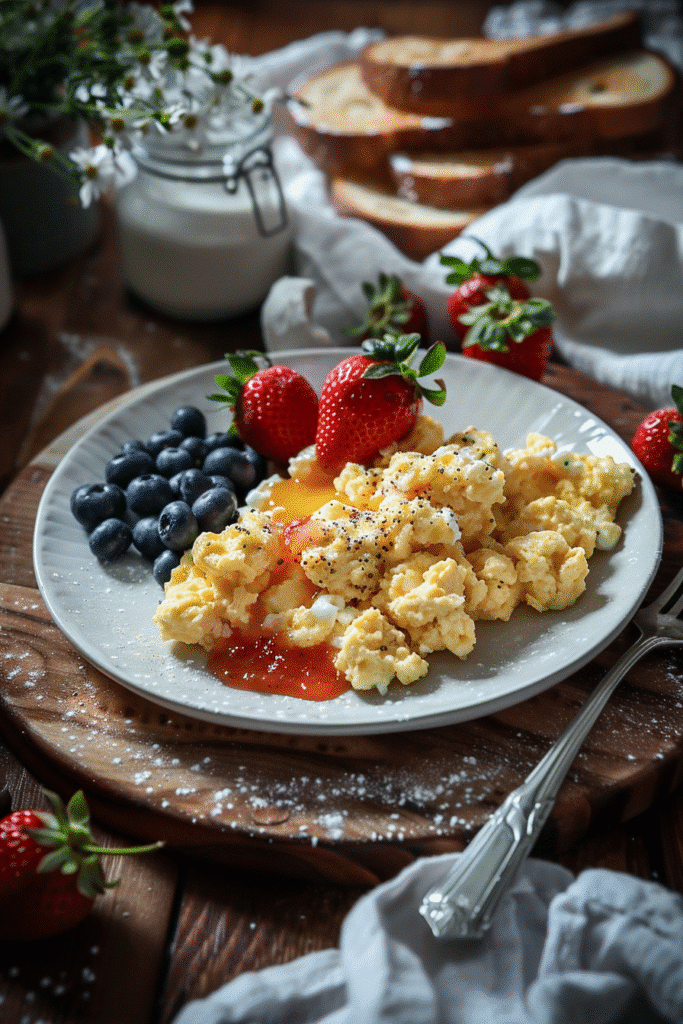 Scrambled Eggs with Toast and Fruit
