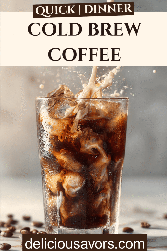 Glass bottle of smooth homemade cold brew coffee concentrate with ice, milk splash and scattered beans on marble surface - Starbucks style iced coffee aesthetic.