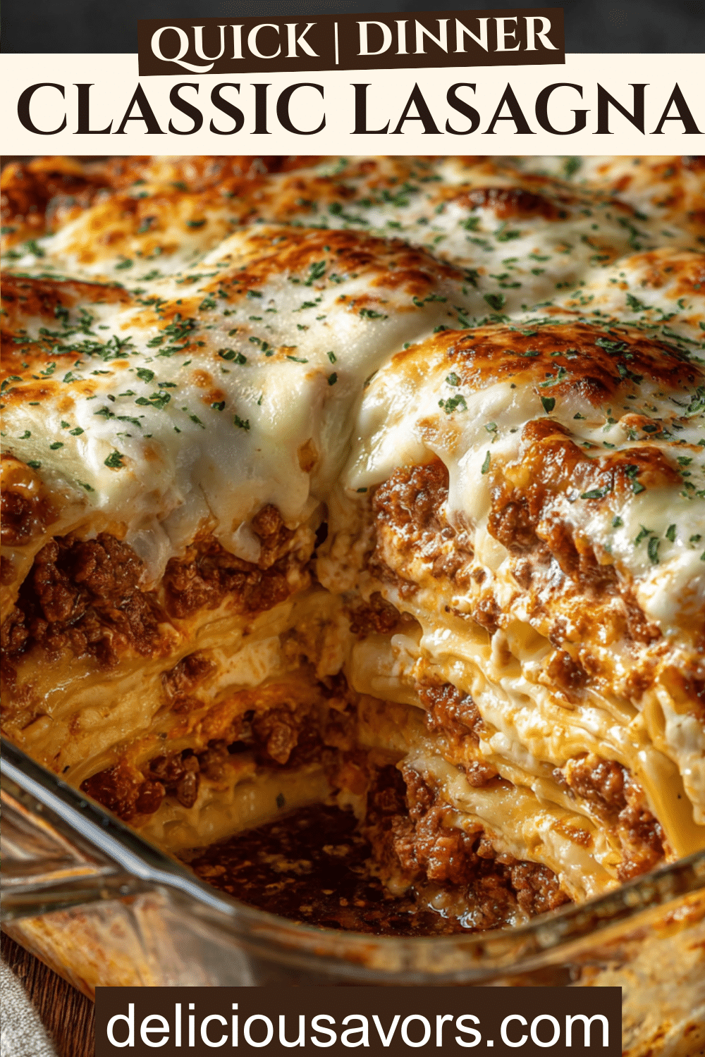 Homemade lasagna with visible layers of meat, sauce, ricotta, and browned mozzarella in a baking dish.