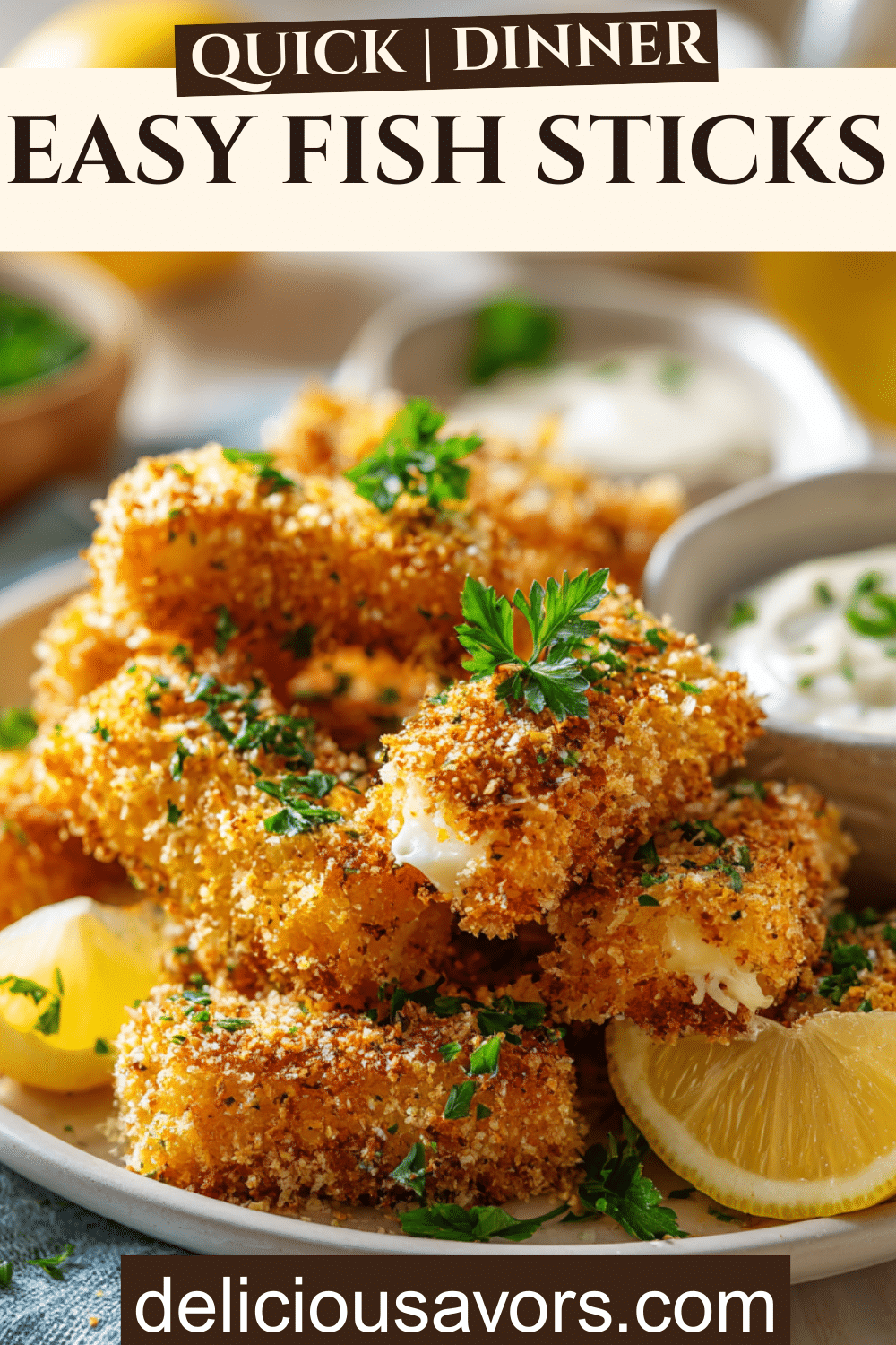 Golden homemade fish sticks garnished with parsley and lemon, served with dipping sauce on a white plate.
