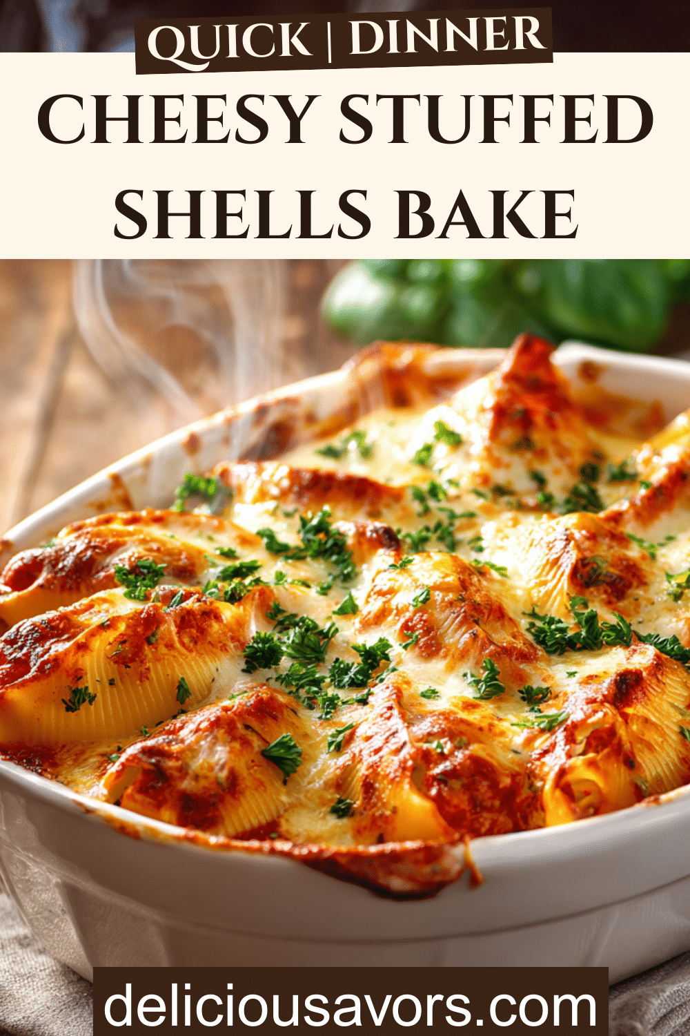 Cheesy stuffed pasta shells with melted mozzarella and golden crust, garnished with fresh parsley in a rustic baking dish.
