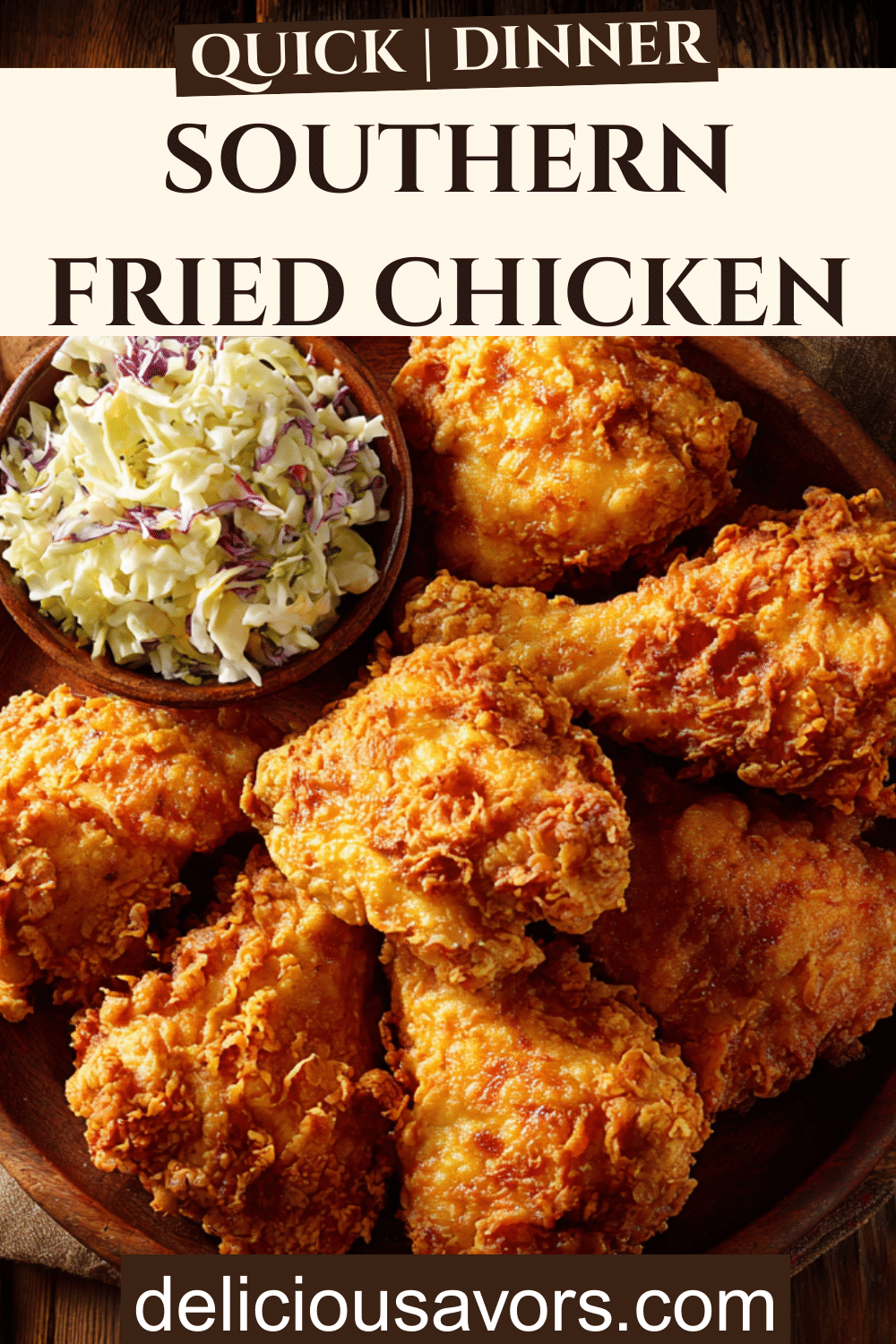 Plate of golden, crispy Southern Fried Chicken pieces on a rustic tabletop, perfect for family dinner.