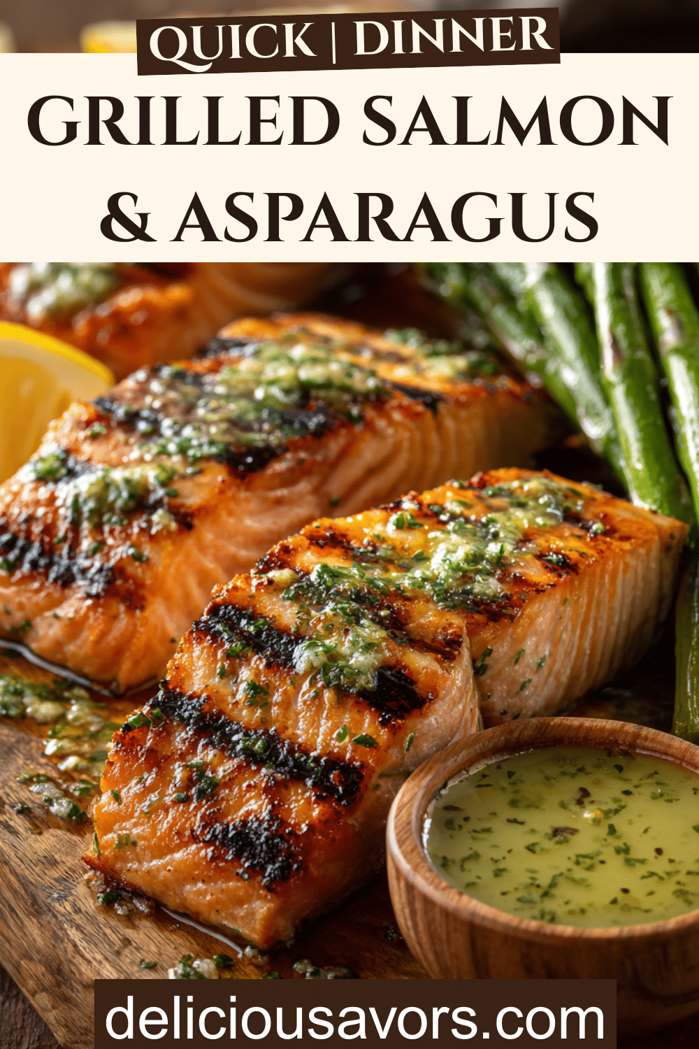 Freshly grilled salmon fillets with asparagus, finished with lemon garlic butter and parsley, served on a rustic platter.