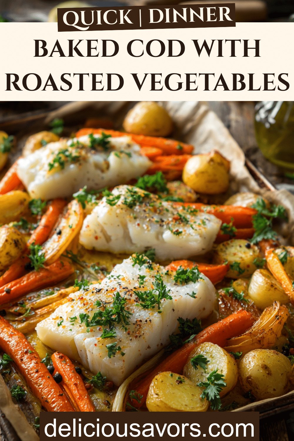 Golden baked cod fillets with roasted potatoes, carrots, and fennel on sheet pan, healthy dinner recipe closeup.