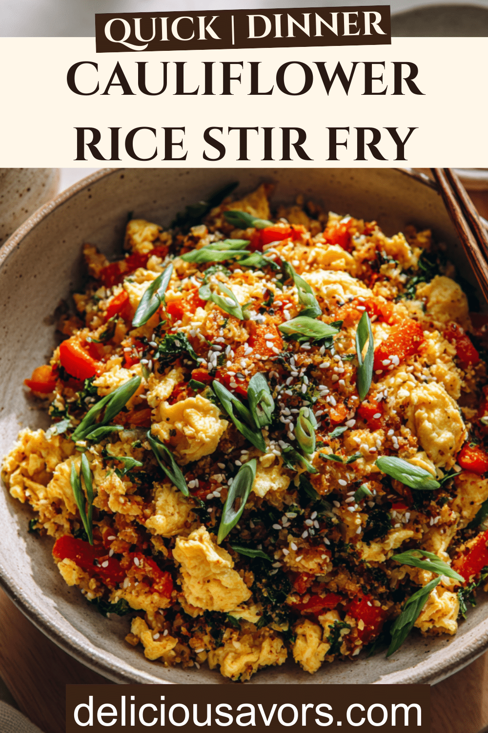 Vibrant Cauliflower Rice Stir Fry with scrambled eggs and soy sauce in a pan, healthy quick dinner idea for families.