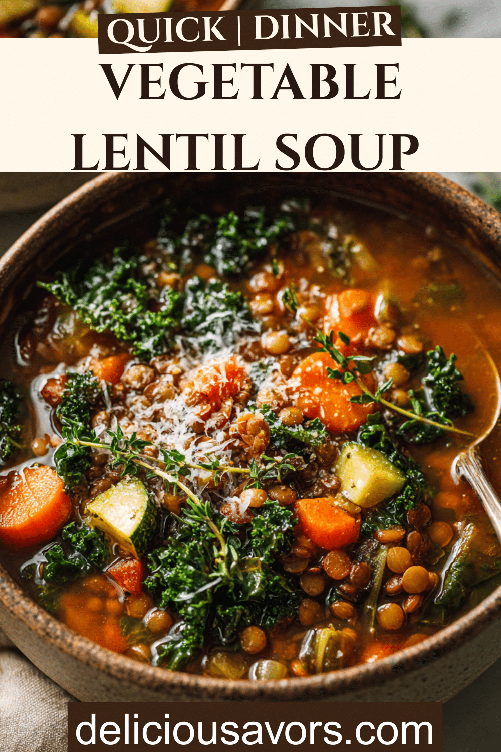 Hearty vegetable soup with lentils in a rustic bowl topped with Parmesan cheese and fresh herbs