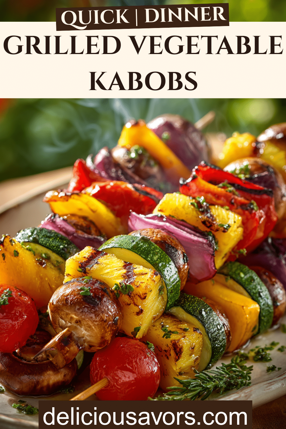 Colorful grilled vegetable kabobs with zucchini, yellow squash, bell peppers, mushrooms, cherry tomatoes, red onions, and pineapple chunks on bamboo skewers with char marks