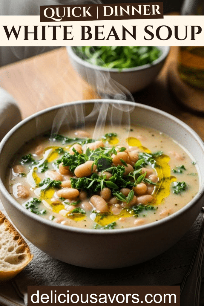 Creamy white bean soup with kale in a ceramic bowl, garnished with olive oil and herbs, served with crusty bread on a rustic wooden table