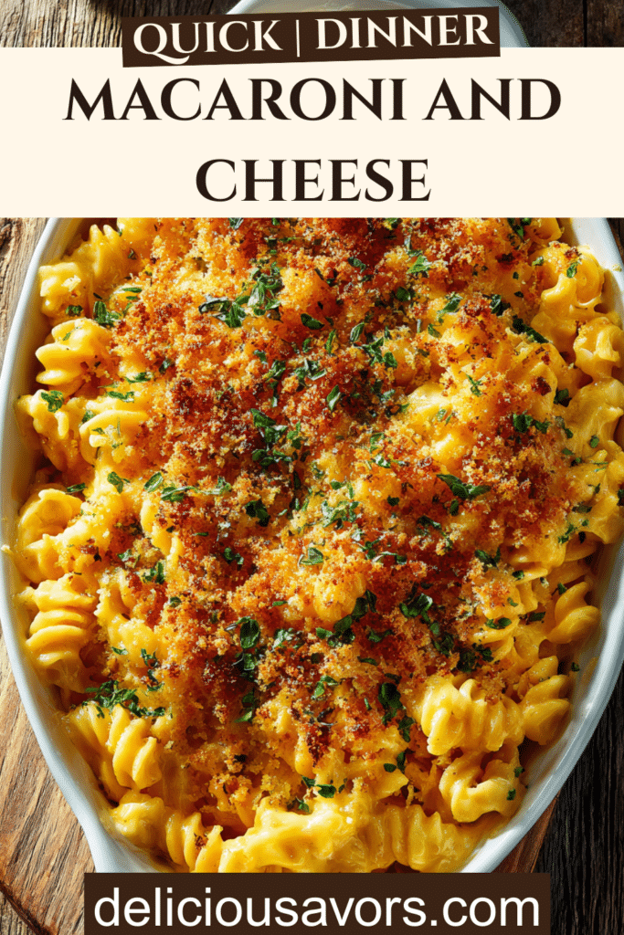 Creamy homemade macaroni and cheese in a white baking dish with golden crispy breadcrumb topping and bubbling cheese sauce