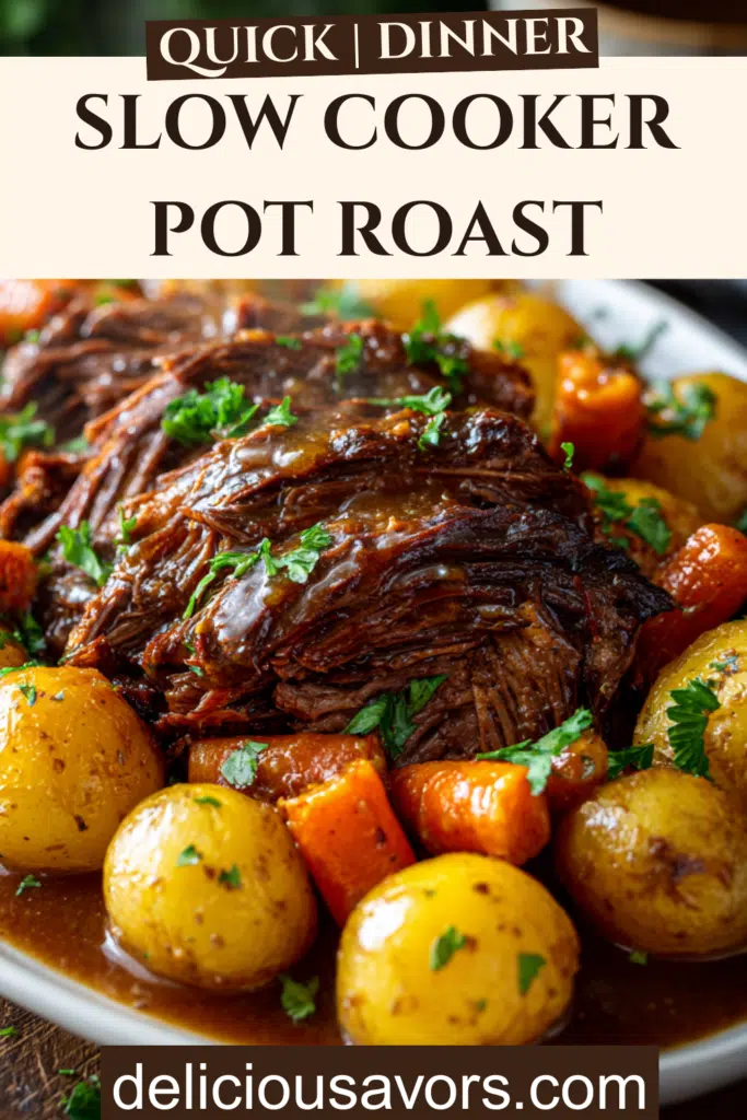Tender slow cooker pot roast with shredded beef, golden Yukon potatoes, and orange carrots on white platter with rich brown gravy and fresh parsley garnish