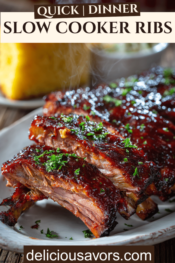 Tender slow cooker BBQ ribs with caramelized sauce on white plate with coleslaw and cornbread on wooden table