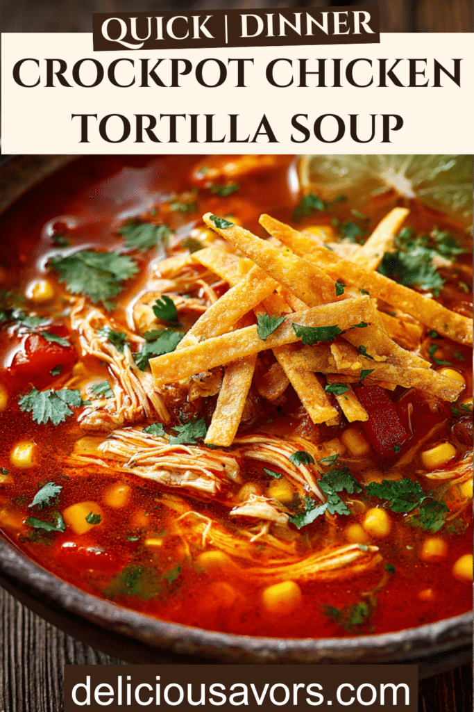 Steaming bowl of crockpot chicken tortilla soup topped with melted cheese and crispy tortilla strips on wooden table