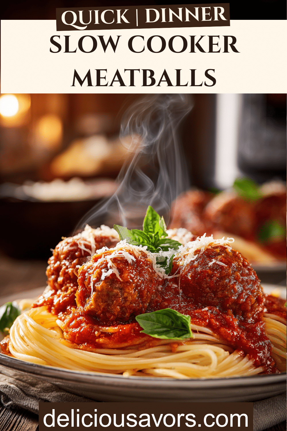 Tender homemade meatballs in rich tomato sauce served over spaghetti pasta with fresh basil and Parmesan cheese on white plate