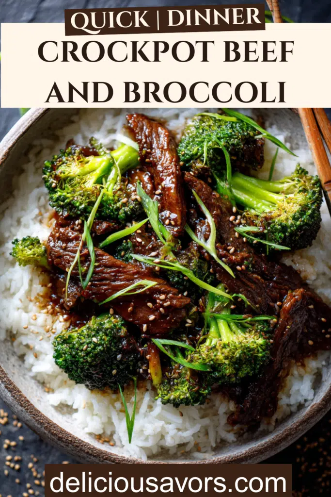Overhead view of homemade Crockpot Beef and Broccoli with tender beef strips and bright green broccoli in savory brown sauce, served over white rice in a ceramic bowl with sesame seed garnish