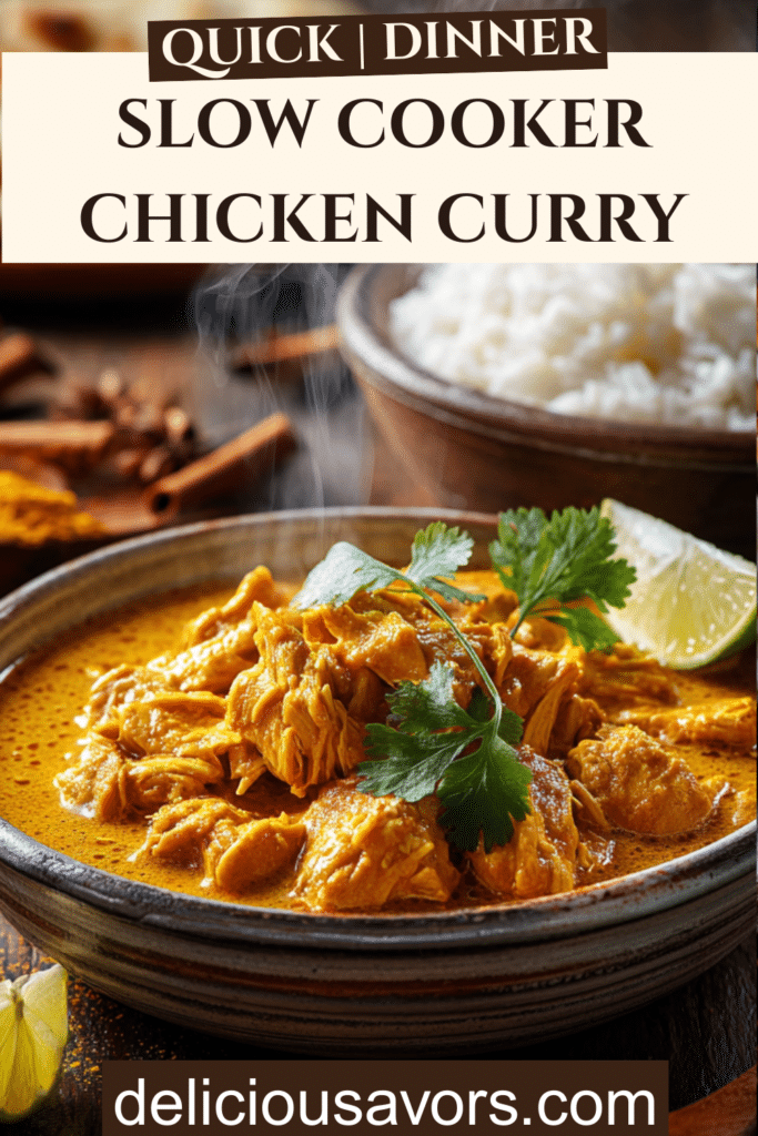 Slow cooker chicken curry with tender shredded chicken in creamy coconut sauce served with basmati rice and naan bread on rustic wooden table