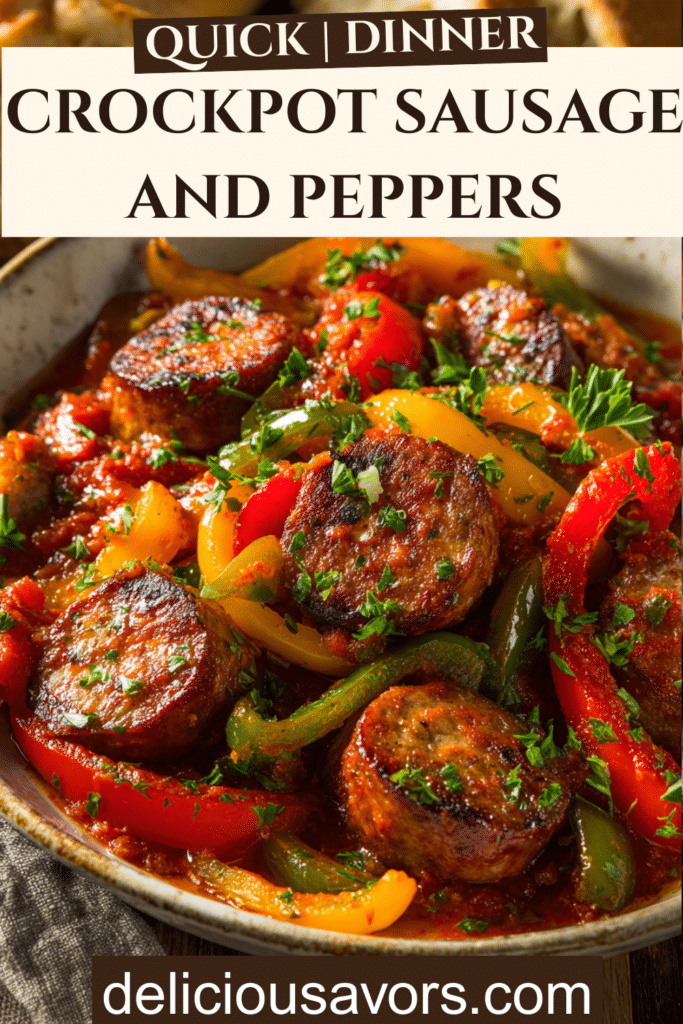 Crockpot sausage and peppers with sliced Italian sausage, colorful bell peppers, and marinara sauce in a white bowl