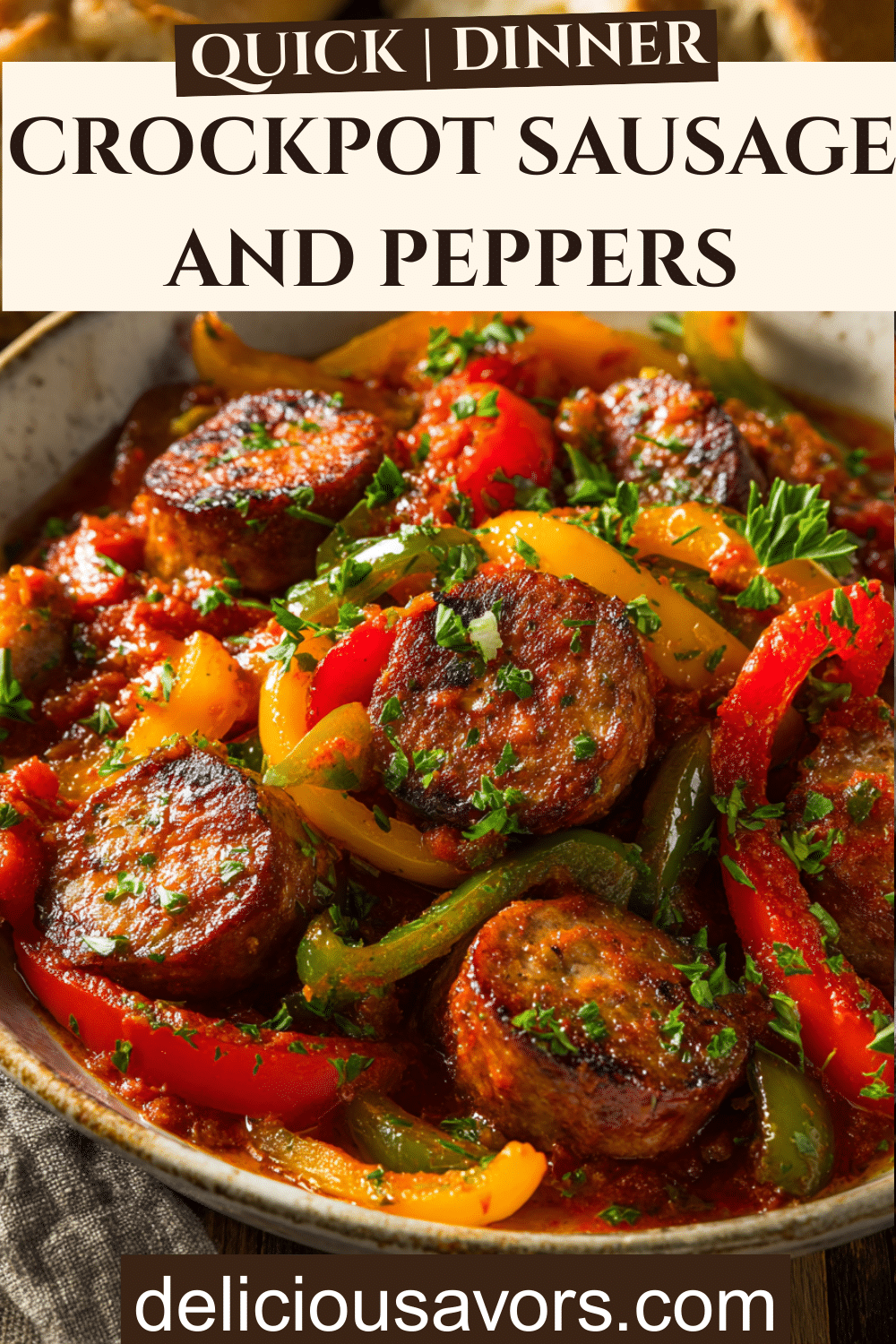 Crockpot sausage and peppers with sliced Italian sausage, colorful bell peppers, and marinara sauce in a white bowl