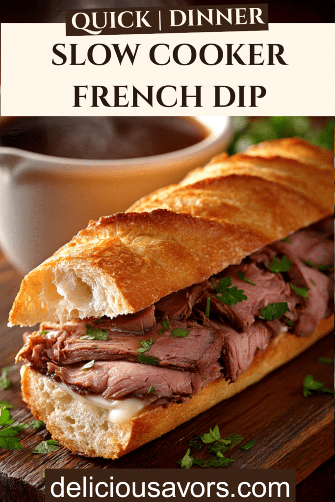Slow Cooker French Dip sandwich with thinly sliced beef on toasted French roll served with au jus dipping sauce