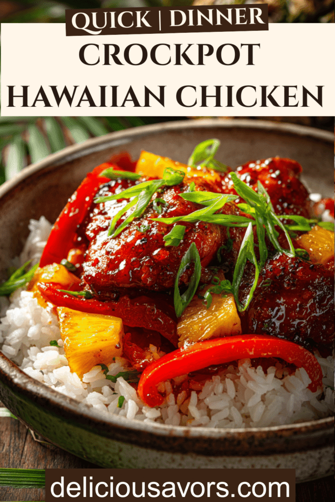 Glossy Crockpot Hawaiian Chicken with pineapple chunks, red bell peppers, and green onions served over white rice in a white bowl on wooden table