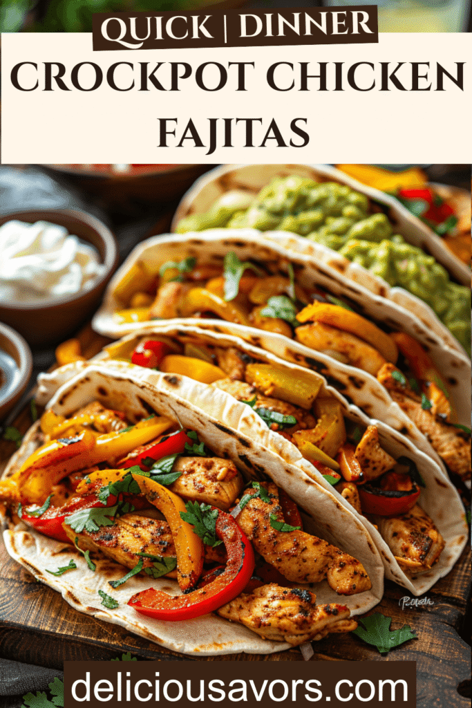 Overhead view of colorful crockpot chicken fajitas with bell peppers, onions, and tortillas on rustic wooden table with toppings