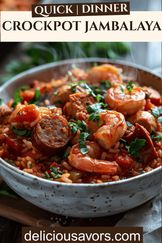 Crockpot Jambalaya with pink shrimp, sausage, and chicken over white rice in ceramic bowl garnished with parsley