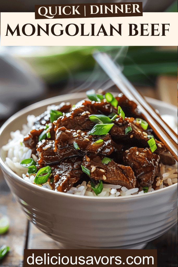 Tender Slow Cooker Mongolian Beef with glossy brown sauce served over white rice in a ceramic bowl, garnished with fresh green onions on a wooden table.