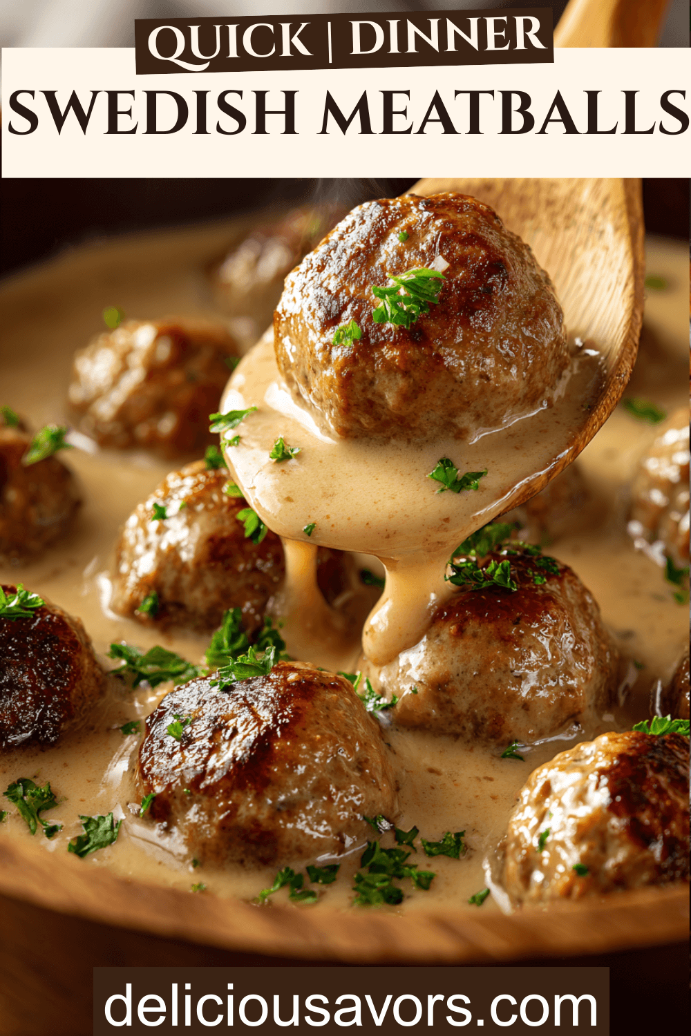 Overhead view of crockpot Swedish meatballs smothered in creamy onion gravy, cozy family meal