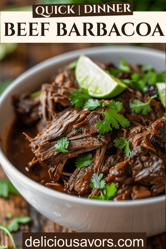 Closeup of tender Crockpot Beef Barbacoa shredded beef with chipotle sauce, cilantro garnish and lime wedges in white bowl, perfect easy family dinner recipe