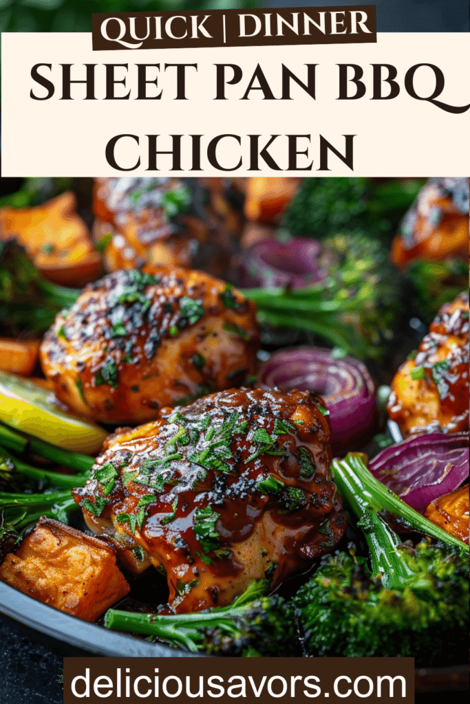 Glazed BBQ chicken sheet pan meal with roasted sweet potatoes broccolini and red onions, quick family dinner recipe