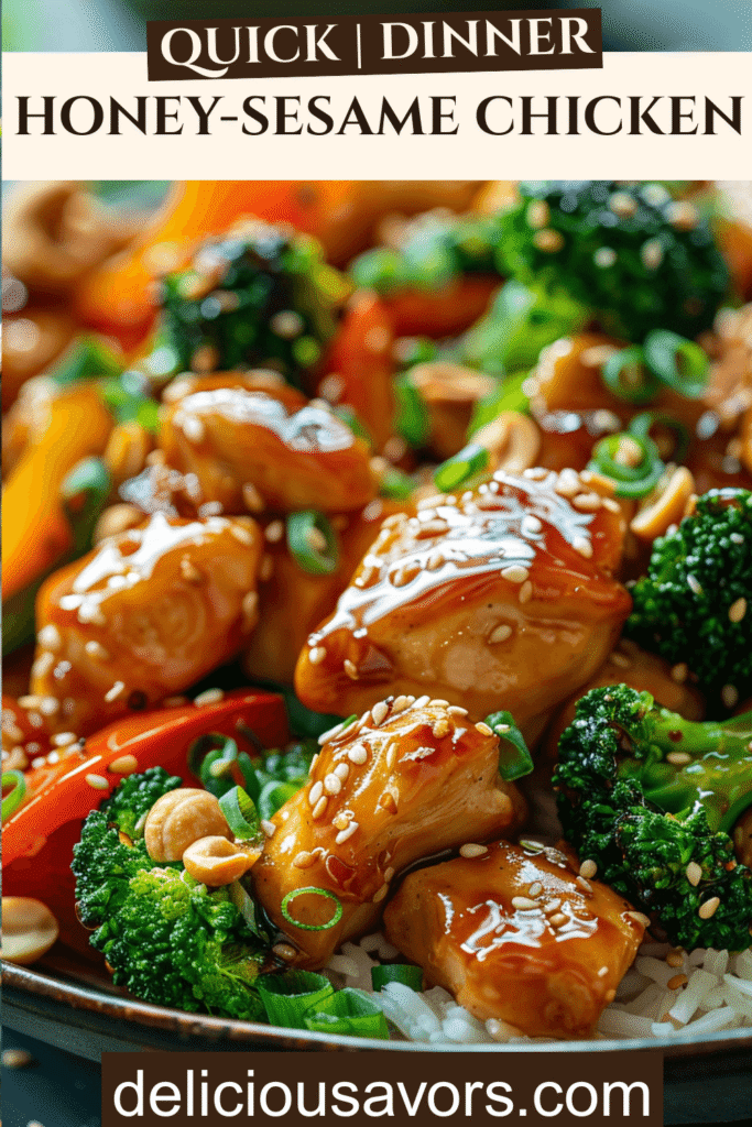 Closeup Sheet Pan Honey Sesame Chicken Dinner with sticky glazed chicken, roasted vegetables, cashews and sesame seeds, easy 40-minute family recipe image.