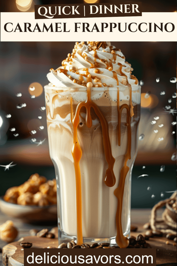 Thick creamy Caramel Frappuccino copycat recipe in tall glass with whipped cream and caramel drizzle topping, perfect homemade Starbucks drink
