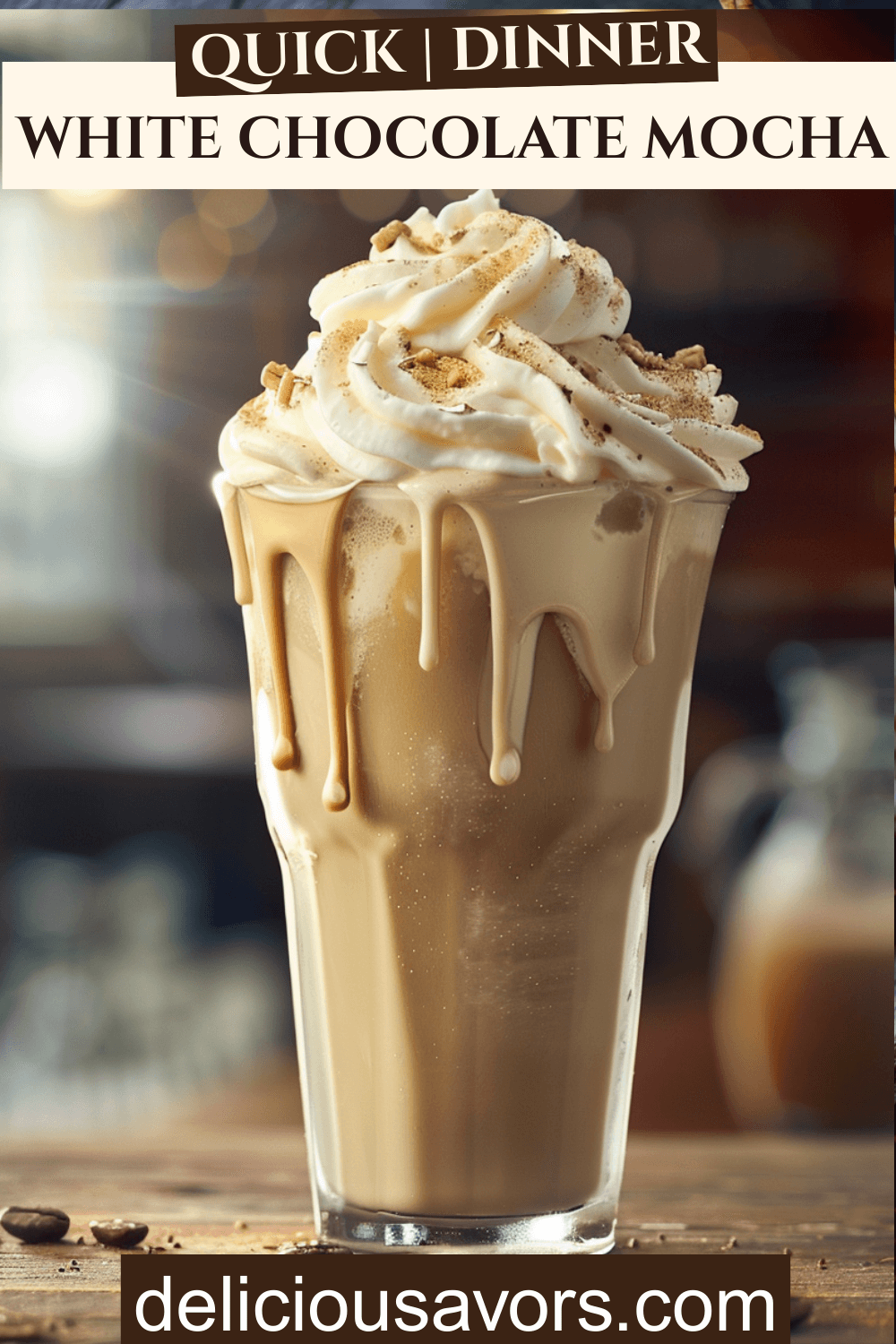 Thick White Chocolate Mocha Frappé with whipped cream and drizzle in condensation-covered glass, perfect iced coffee frappé recipe