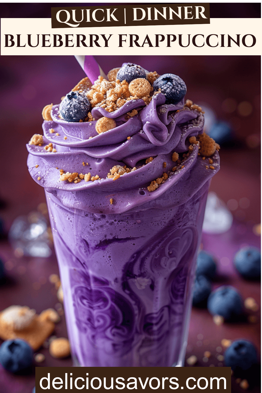 Homemade healthy blueberry frappuccino with layered purple cream, whipped topping, and graham cracker garnish in chilled glass - iced coffee aesthetic ready in 5 minutes.