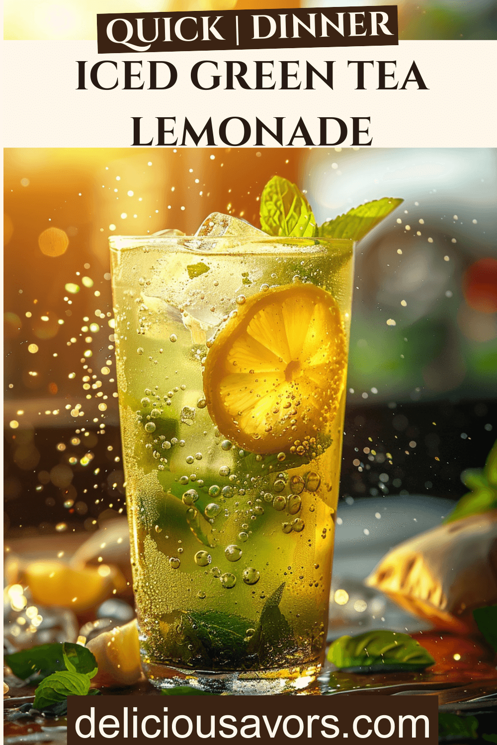 Vibrant iced green tea lemonade in tall glass with lemon slices mint garnish and ice cubes, condensation droplets, Starbucks-inspired aesthetic for healthy summer refreshment.