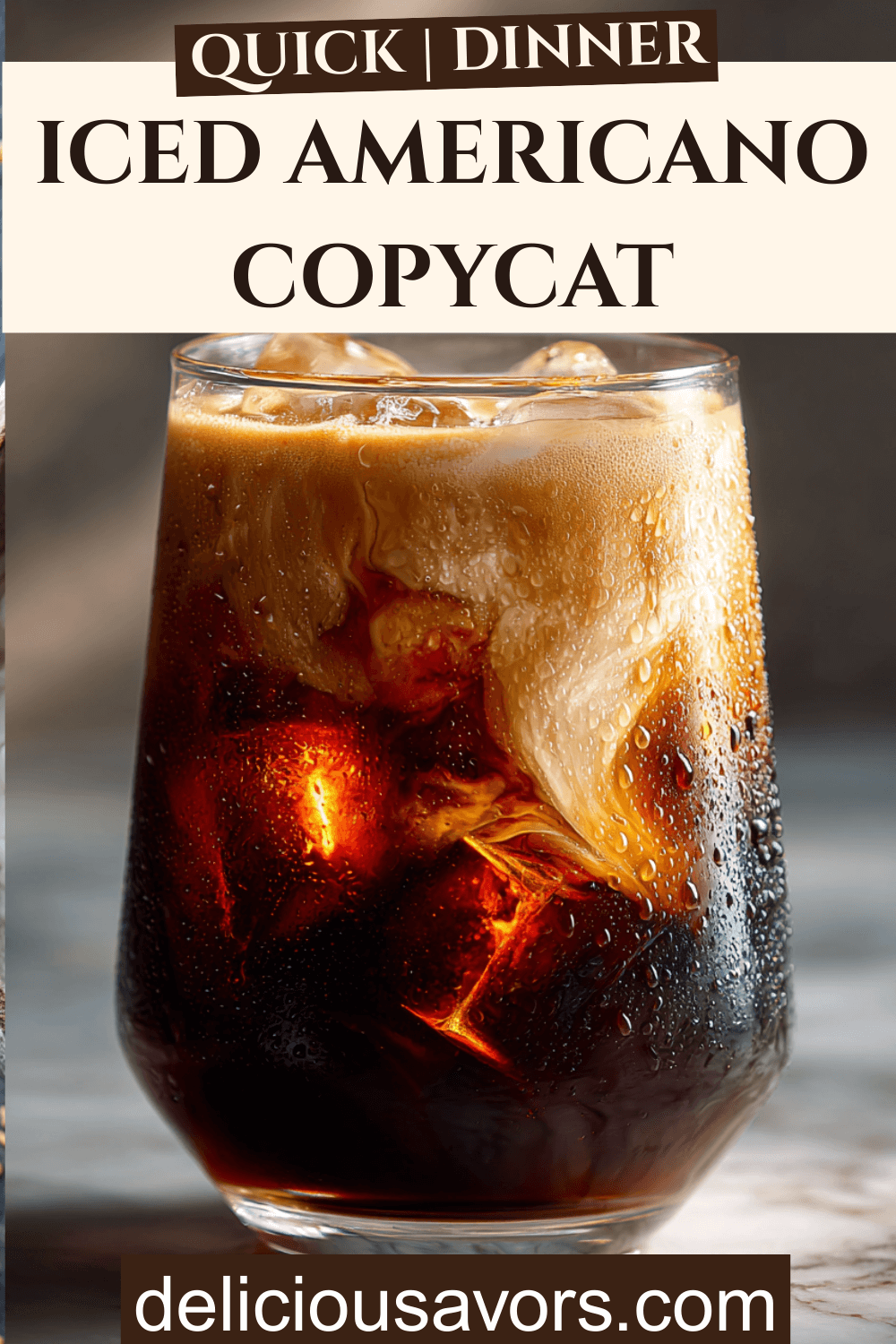 Chilled Iced Americano copycat in Gibraltar glass with creamy espresso crema layer, fresh condensation droplets, professional Starbucks drink photography for iced coffee recipes