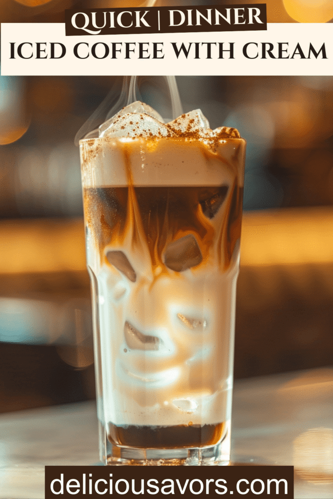 Tall glass of Starbucks-style iced coffee with cream, featuring frothy milk top, ice cubes, and layered coffee for perfect iced coffee aesthetic.