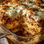 Homemade lasagna with visible layers of meat, sauce, ricotta, and browned mozzarella in a baking dish.
