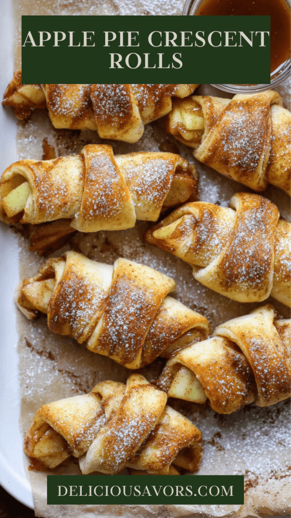 Golden apple pie crescent rolls on white plate with fresh apples and cinnamon sticks, showing flaky pastry layers and cinnamon-spiced apple filling
