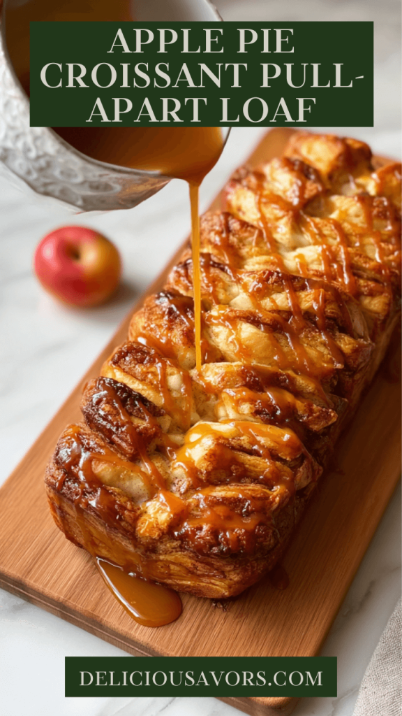 Golden apple pie croissant pull-apart loaf with caramel drizzle on wooden board, showing flaky layers and cinnamon apple filling