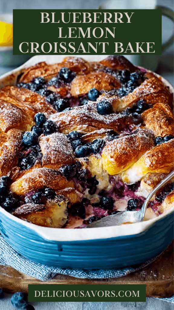 Golden brown blueberry lemon croissant bake in white dish with fresh berries and lemon curd swirls