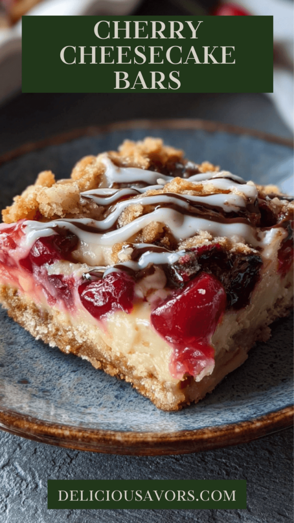 Golden crescent cherry cheesecake bars with cream cheese filling, cherry pie topping, oat streusel, and vanilla glaze drizzle on white serving board