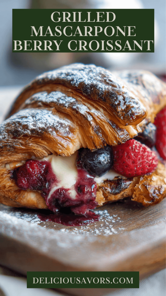 Grilled croissant sandwich with mascarpone cheese, strawberry jam, and fresh raspberries on white plate with golden grill marks